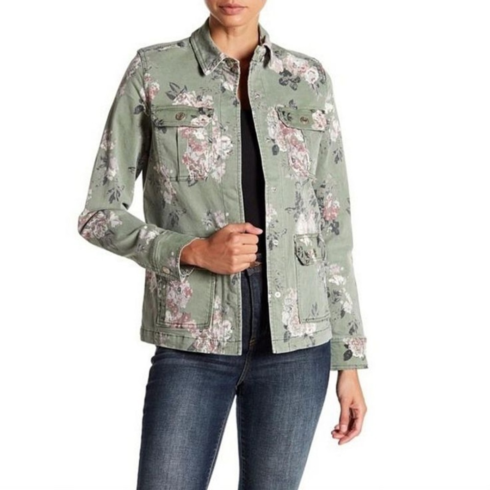 Kenzie Jeans Women’s Lightweight Zip-Up Utility Jacket, Green Floral,Size Medium